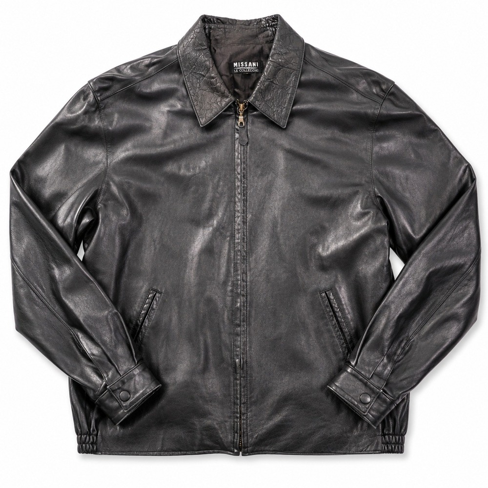 Missani Le Collezioni Black Leather Bomber Jacket Croc Embossed Collar Mens L